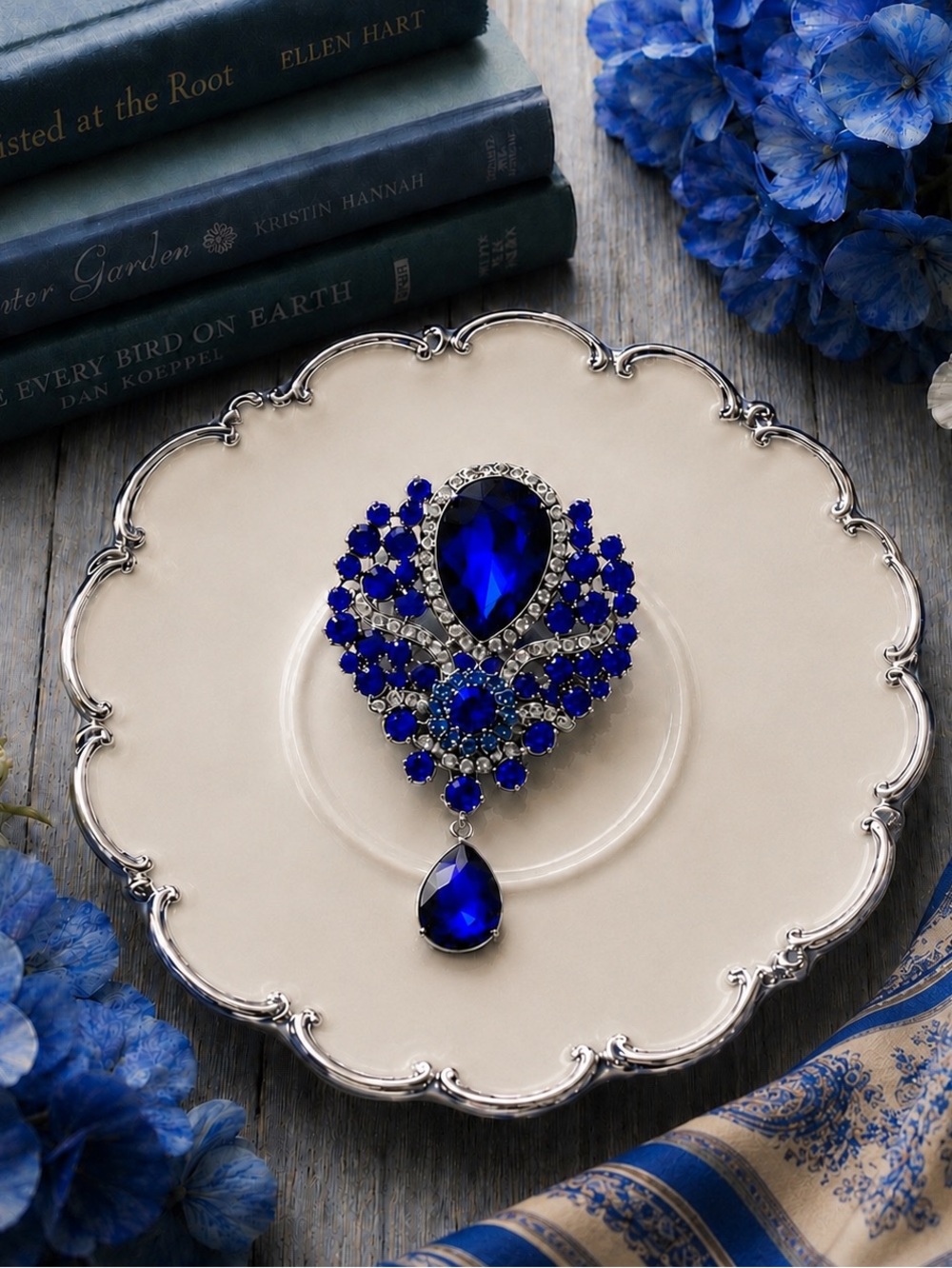 New Royal Blue Crystal Drop Brooch Silver Tone Rhinestone Statement Pin